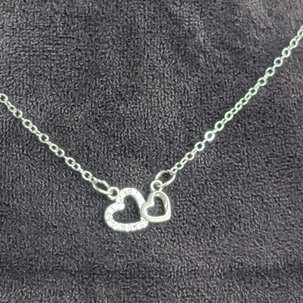 Double Hearts Silver Rhinestones Color Chain Necklace Adjastable 18